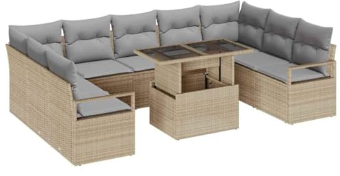 vidaXL 10-teiliges Garten-Sofa-Set mit Kissen in Beige aus Poly Rattan – wetterfest für 5 Personen, perfekt für die Terrasse. Modulares, modernes Design mit geflochtenen Stühlen zum Chillen.