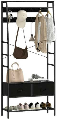 HOMCOM Porte-manteau Vestiaire 2 Tiroirs en Tissu 80 x 30 x 180,5 cm Noir | Portant à Vêtements,Vestiaire pour Entrée Chambre Couloir,Étagère,8 Crochets,Cadre Acier Style Industriel,Meuble d'Entrée
