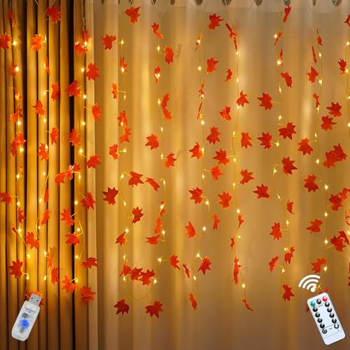 3M Maple Leaf Curtain Light Indoor,Artificial Maple Leaf Garland Fake Plants Hanging Garland with 8 Lighting Modes,Fall Garland String Lights with Adjustable Brightness Waterproof Deco for Garden (01)