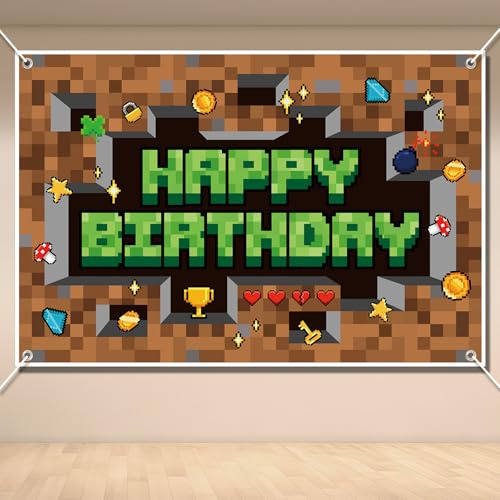 Pixel Birthday Backdrop Decorations, 3x5ft/100x150cm Happy Birthday Banner Video Game Theme Party Decorations Pixel Gaming Back Drop for Kids Boys Party Supplies Photo Background Wall Props