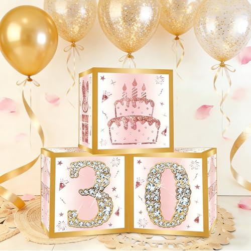 3Pcs 30th Birthday Decorations Boxes for Girls Women - Pink Rose Gold Happy 30th Birthday Balloons Boxes, 30 Year Old Party Supplies Pink Birthday Theme Cardboard Box Table Decorations for Girls Women