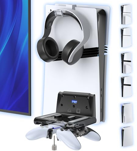 Supporto Parete PS5 per PS5/Slim/Pro Disc & Digital, Supporto Verticale PS5 Può Ospitare due Controller P5, Supporto Playstation 5 da Muro e Kit di Accessori, Base PS5 con Gancio per Cuffie (Nero)