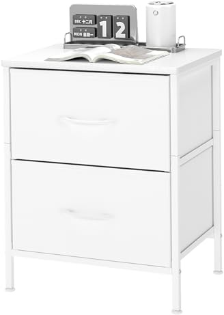 Levede Bedside Table Set of 2, White Bedside Cabinet with 2 Large Capacity Fabric Drawers, Metal Frame, Large Capacity Storage Side Table for Bedroom, Living Room