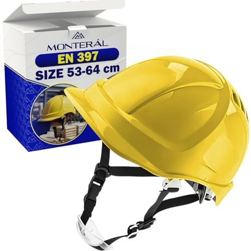 Arbeitshelm, EN 397, Größe 53-64 cm, professioneller Sicherheitshelm mit Kinnriemen und Belüftungslöchern, hergestellt aus ABS-Kunststoff, 10 Jahre Garantie MONTERAL