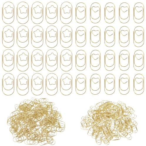BATHRINS 200 Stück Stern & Herzförmig Büroklammern Set Gold | Büroklammern Klein Oval Metall Motiv mit Transparentbox Paper Clips für Büro, Klassenzimmer, Dokumente, Dekorative Postkarten