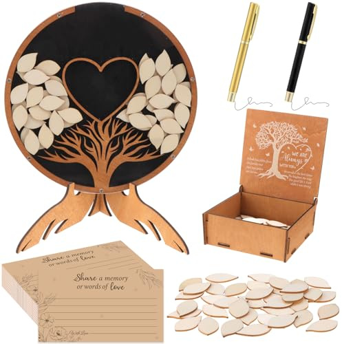 Wooden Funeral Guest Book Set for Memorial Service Celebration of Life | Guest Book Decorations Loving Memory Guestbook with Memory Cards Box Pen