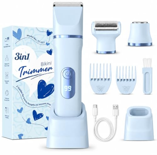 Rasierer Damen, 3-in-1 Intimrasierer für Frauen, für Körper & Intimbereich mit LED-Anzeige, Damenrasierer elektrisch IPX7, Wiederaufladbar mit USB-Ladestation, Trimmer Damen nass & trocken, Blau
