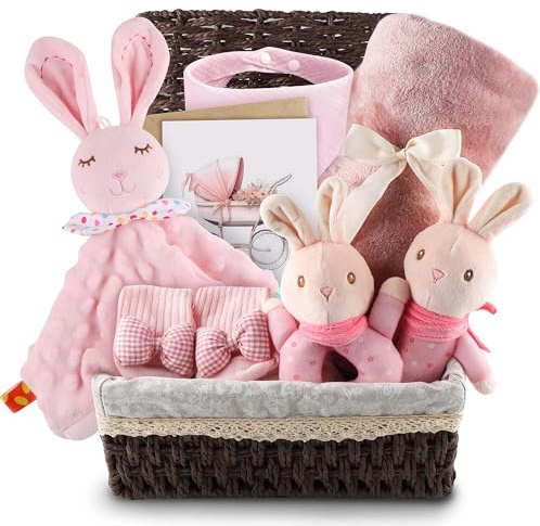 Baby Geschenk 8-teilig Ideal als Neugeborenen Geschenkset für Jungen Mädel | Großer Geschenkkorb mit Decke Hasenglöckchen Lätzchen rutschfeste Socken Korb Baby Mädchen Geburt Babyparty (Rosa)