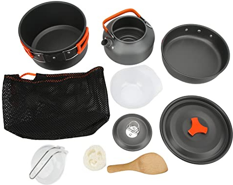 MEEVINWH Batterie de cuisine de camping en aluminium anodisé dur 11 pièces avec poignées pliables pour cuisine en plein air, randonnée, randonnée pour 2 à 3 personnes