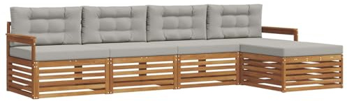 vidaXL Outdoor-Sofagarnitur mit Kissen 5 pcs Natürlich und Hellgrau, Gartenlounge, Moderne Outdoor-Sofa, gemütliche Sitzgruppe, langlebige Terrasse für entspannte Stunden