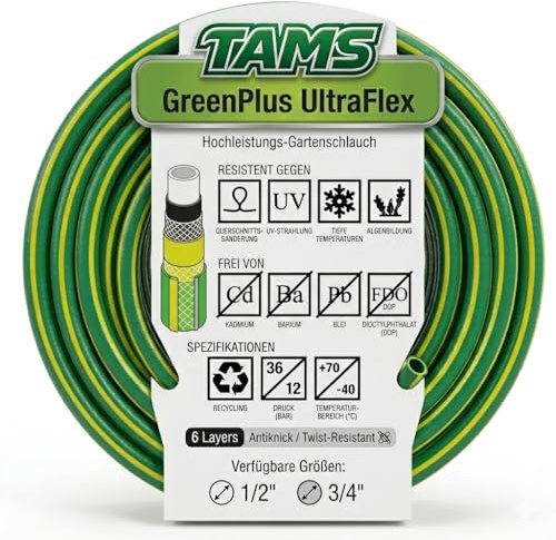 TAMS UltraFlex Gartenschlauch GreenPlus 6-lagig Anti-Twist Wasserschlauch Bewässerungsschlauch 1/2, 3/4 Flexibler (3/4 30M)