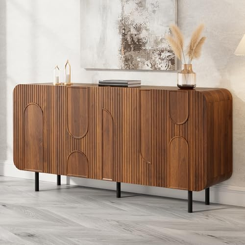 DACHETOU Sideboard Mid-Century, 4 Türen, 8 Fächer, 160x40x79cm, verstellbare Einlegeböden, Nussbaum-Optik, geometrische Halbkreis-reliefs, vertikale Rillen, abgerundete Ecken, Metallbeine