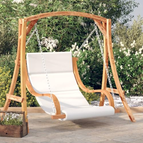 Silla columpio de madera de abeto macizo con cojín y acabado de teca, respaldo y reposabrazos ergonómicos para una comodidad óptima, movimiento de balanceo relajante para