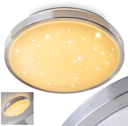 LED Deckenleuchte Sora STAR, runde Deckenlampe mit Sternenhimmel-Effekt aus Metall in Aluminium gebürstet, 18 Watt, Lichtfarbe 3000 Kelvin (warmweiß), IP 44, auch für das Badezimmer geeignet