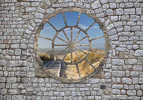 decomonkey Fototapete Strand Meer Landschaft 350x256 cm XXL Design Tapete Fototapeten Tapeten Wandtapete moderne Wand Schlafzimmer Wohnzimmer Fensterblick Steinwand Stein