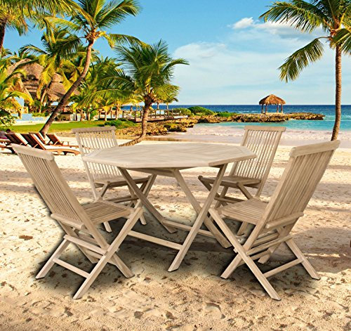 Trendyshop365 Original Teak-Holz Garten Möbelset 5-teilig großer Teak Holz-Tisch mit Vier passenden Klappstühlen, vorbehandeltes zertifiziertes Teakholz aus Indonesien