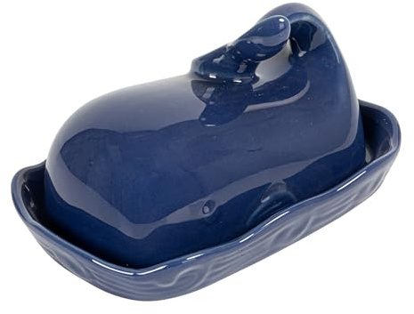 Creative Co-Op Dark Blue Whale Shaped Butter Dish with Lid