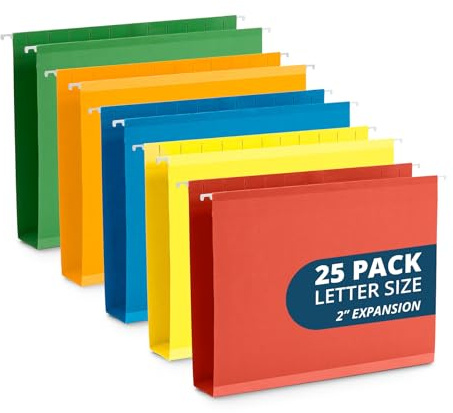 Hängande arkivmappar med extra kapacitet, 25 förstärkta hängmappar, kraftig 5 cm expansion, designad för skrymmande filer, medicinska listor, blandade färger, brevstorlek, 25-pack