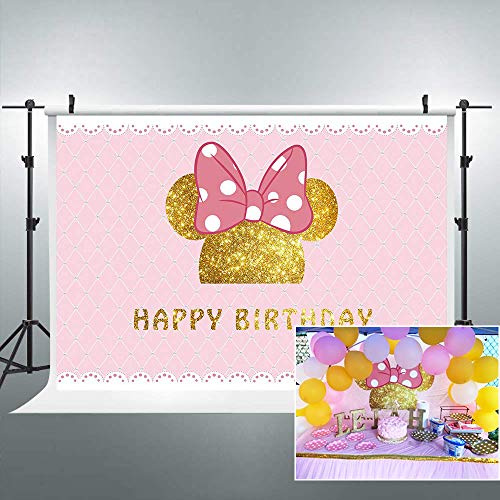 Riyidecor Pink Mouse Backdrop 7x5 Feet Happy Birthday Polka Dots Princess Girl Photography Background Newborn Decoration Celebration Props Party Photo Shoot Fabric Cloth