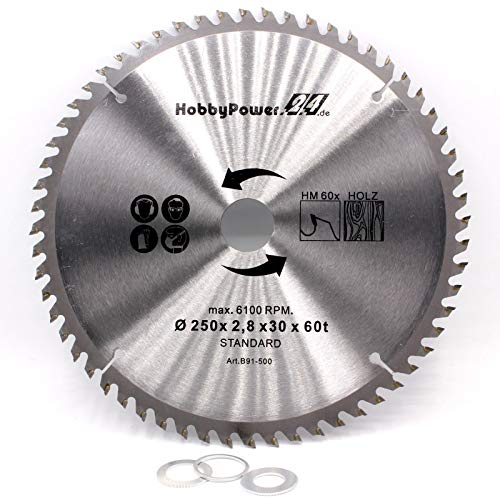 Kreissägeblatt Sägeblatt Hartmetall für Holz Tischkreissäge Kappsäge Gehrungssäge 250 x 30 mm 60 Z Zähne + 3 Reduzierringe auf 24,4mm, 20mm und 16mm