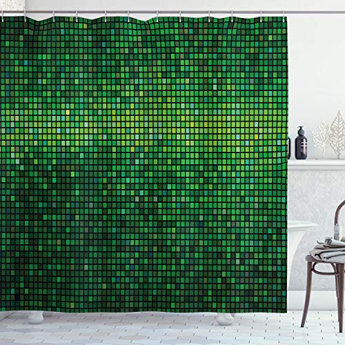 ABAKUHAUS Grün Duschvorhang, Digitales Mosaik Pixel Grid, Stoffliches Gewebe Badezimmerdekorationsset mit Haken, 175 x 200 cm, Grün