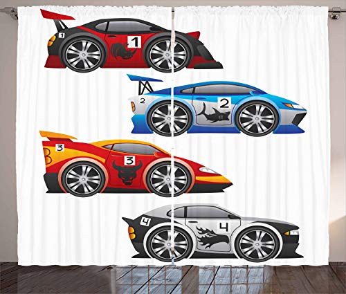 ABAKUHAUS Autos Rustikaler Vorhang, Formula Cars Technologie, Wohnzimmer Universalband Gardinen mit Schlaufen und Haken, 280 x 225 cm, Rot Aqua