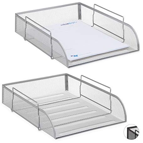 2 x stapelbare Dokumentenablage, Büro Briefablage aus Metall für DIN A4, Schreibtischablage BxT 26x33,5 cm, Silber