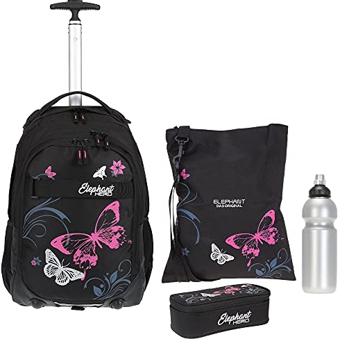 Schultrolley Trolley Mädchen 4 T Set Hero Butterfly Rucksack Schultasche Sportbeutel Mäppchen Box Trinkflasche 12680 tbbf (Butterfly Black Pink)