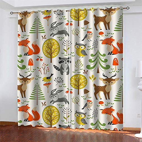 Kind 2er-Set Verdunkelungs Vorhang,Wald Tiere Muster Kinder Gardinen Ösen Gardine Thermo Polyester Schlafzimmer Vorhänge Dekoratives Muster Européen 166 x 150 cm (HxB)