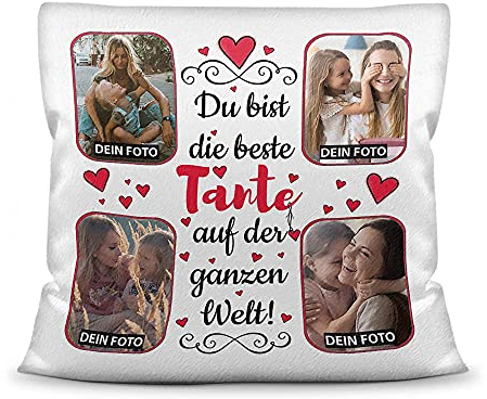Kissen mit Füllung zum selbst Gestalten mit 4 Fotos - Für die Beste Tante - Hochwertige Kissenhülle mit Reißverschluss, Weiß flauschig, 40 x 40 cm