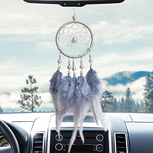 Betylifoy Kleiner Traumfänger Handgemachte Gitter Feder Traumfänger Auto Innen Rückspiegel Hängende Ornament Boho Fenster Hängende Dekorationen Bastelgeschenke (Grau)