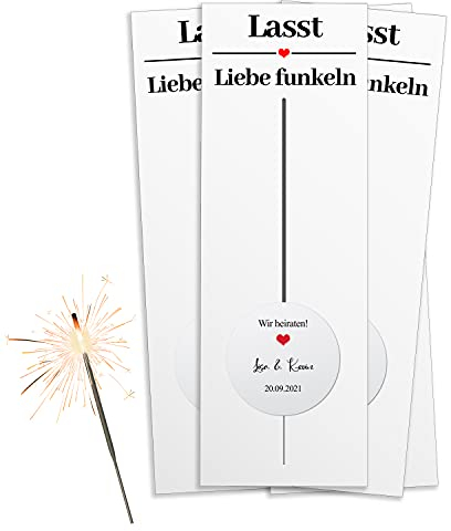 Bl4ckPrint Wunderkerzenset inkl. personalisierte Sticker 20 Stk. - Hochzeitsdeko - Tischdeko für Gäste - Wunderkerzen Set - Wunderkerzen mit Karten und Sticker - Hochzeit Requisiten