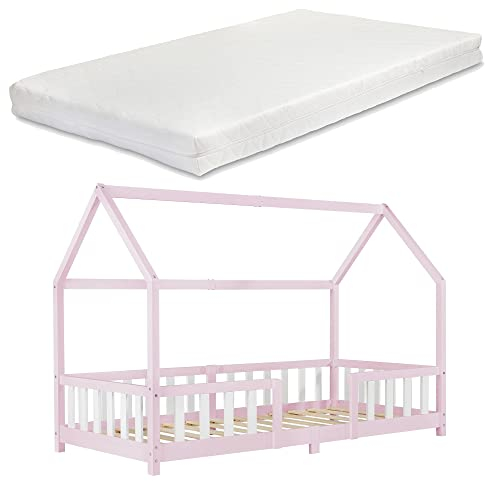 [en.casa] Letto a Casetta per Cameretta con Materasso 90x200 cm Letto Singolo per Bambini con Barriere di Protezione Struttura in Legno di Pino - Rosa/Bianco