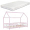 [en.casa] Kinderbett Sisimiut mit Matratze 90 x 200 cm Hausbett mit Rausfallschutz Holzbett für Kinder Bodenbett Lattenrost Kiefernholz Rosa/Weiß