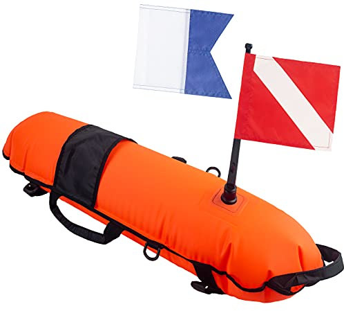 Pluzluce Aufblasbare Tauchsicherheit Oberflächenmarkierungsboje Taucher Down Torpedo Boje Hochsichtbarer Signalschwimmer mit 2 Tauchfahnen Taucher Down Flag + Alpha Flagge für Scuba Diving