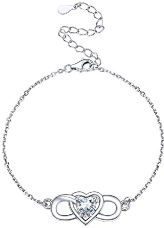 PROSILVER dünne Armkette mit Herz Zirkonia 925 Sterling Silber 16+5cm Unendlichkeit Armband mit April Geburtsstein Damen Mädchen Gliederarmband Handgelenk Schmuck Accessoire