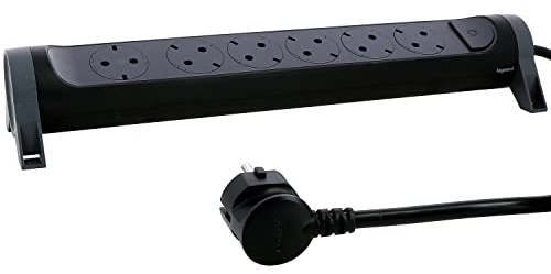 LEGRAND, Drehbare Steckdosenleiste, 6-fach Steckdose, Mehrfachsteckdose, Wand- oder Tischmontage, LED-Ein/Aus-Schalter, 1,5m Kabel, Schwarz/Dunkelgrau, 694534