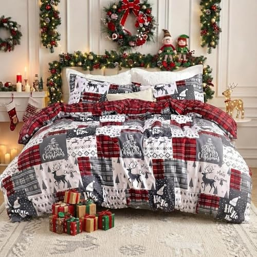 CAROMIO Christmas Duvet Cover Queen, Reversible Printed Comforter Cover Set Holiday Decorative Bedding, Soft Microfiber Red Duvet + 2 Pillow Shams (Christmas Plaid, Queen)
