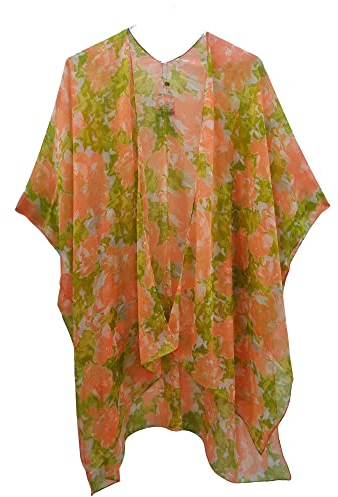 Elu Costume da bagno da donna, kimono, cardigan, casual, con stampa floreale bohémien, Chiffon Neon Arancione Verde, Taglia unica