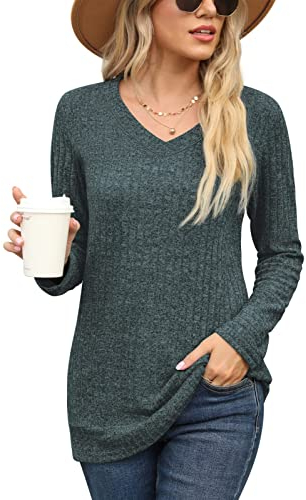 Prinstory Damen Langarmshirts V-Ausschnitt Sweatshirt Lässig Tunika Einfarbig Pullover EU Size 44-46 (Grün, XL)