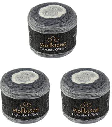 Cupcake Glitter Simli 3 x 150g Strickwolle 450 Gramm Wolle zum Stricken und Häkeln Babywolle türkische Wolle Farbverlaufswolle Glitzer (3100 dunkelgrau hellgrau weiß)
