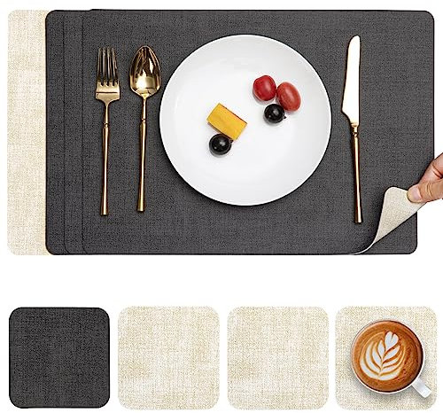 Myir JUN Manteles Individuales y Posavasos, Salvamanteles Individuales de Cuero Juego de 4 Mantel Individual Lavables Antideslizant Individuales Mesa Impermeables (Gris Crema, Juego de 4)
