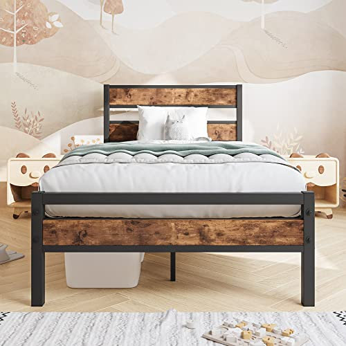 HOJINLINERO Single Bed Frame with Storage,Metal Bed Frame Single Beds,Solid Platform Bed Frames Single Bed Mattress Base,Heavy Duty Steel Slats,Industrial Wooden Bed Frame for Adults,Black+Brown