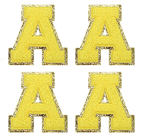 Sourcing Map 4Pcs Chenille Letter Patches - Iron-on Yellow A Alphabet Decorative Repair Embroidered Patch for Clothing, Shoes, Hats, Backpacks