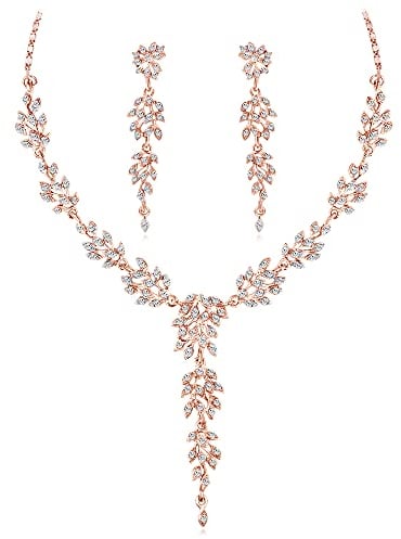Cangall Jewellery Sets for Women, Necklace and Drop Earring Set with Clear Crystal, Rose Gold Wedding Jewellery Set for Ladies Bride Bridesmaid, Crystal Women's Jewellery Set for Prom Anniversary