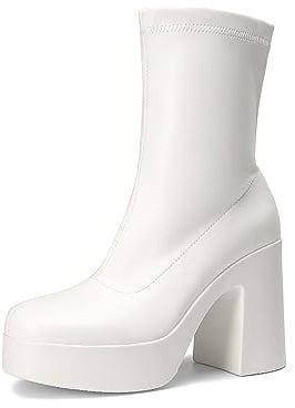 DREAM PAIRS Stivaletti da donna con plateau e punta quadrata, tacco alto e grosso, bianco, 42 EU