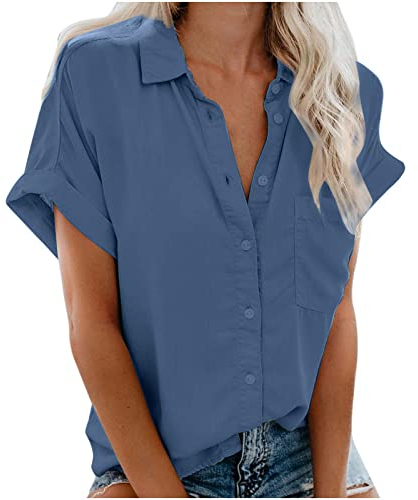 Masrin Bluse Damen Sommer Kurzarm Tops mit Tasche Modisches einfarbiges Hemd Oberteile Kurzärmlige Hemdbluse mit Revers Bluse mit Knöpfen vorne offen Blusentops Blusenshirt Shirtbluse S-3XL