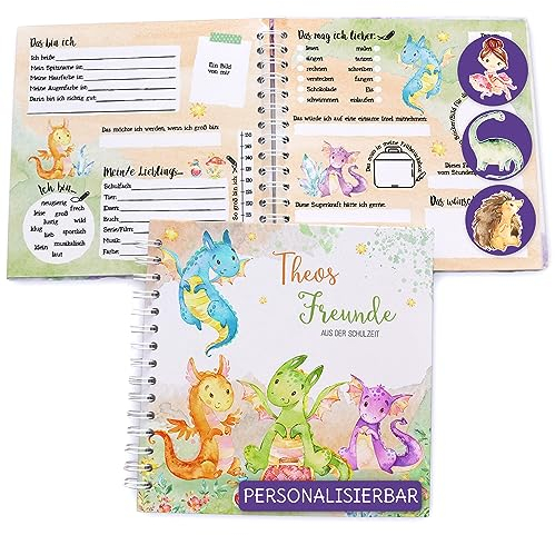 Feenstaub Freundebuch Grundschule, Erinnerungsalbum personalisiert mit Namen, Schulfreundebuch, Freundschaftsbuch Schule, Drachen Freundealbum für Schulkinder, Geschenk Einschulung