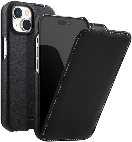 STILGUT UltraSlim kompatibel mit iPhone 15 Plus Hülle - Case kompatibel mit MagSafe aus Leder, Klapphülle, Handyhülle, Lederhülle -Schwarz Nappa