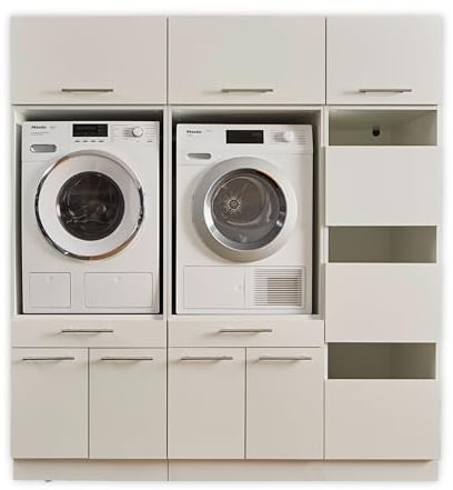 LAUNDREEZY 2x Waschmaschinenschrank, Wäscheschrank und 3x Schrankaufsatz, Weiß - Waschmaschinen-Überbauschrank TÜV-zertifiziert mit viel Stauraum - 185 x 200 x 67,5 cm (B/H/T)
